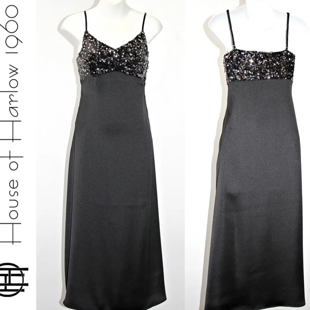 House of‎ Harlow 1960 Sequined Black Satin Slip Dress Long New Prom Ready